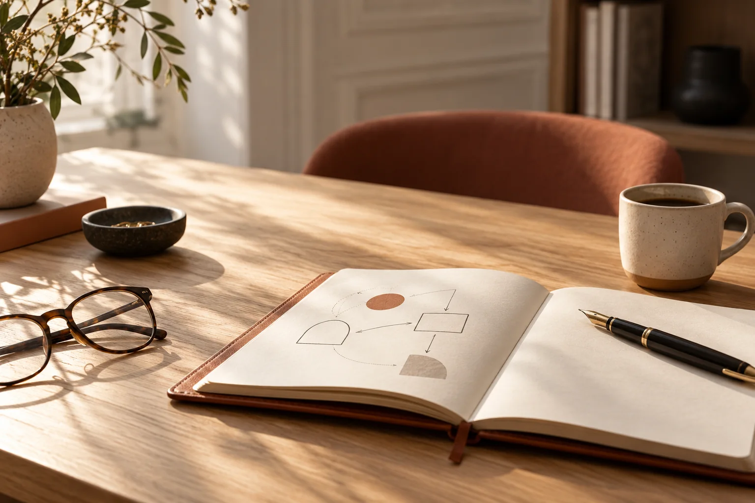 Carnet ouvert sur un schéma de réflexion, stylo plume, lunettes et tasse de café sur un bureau en bois baigné de lumière