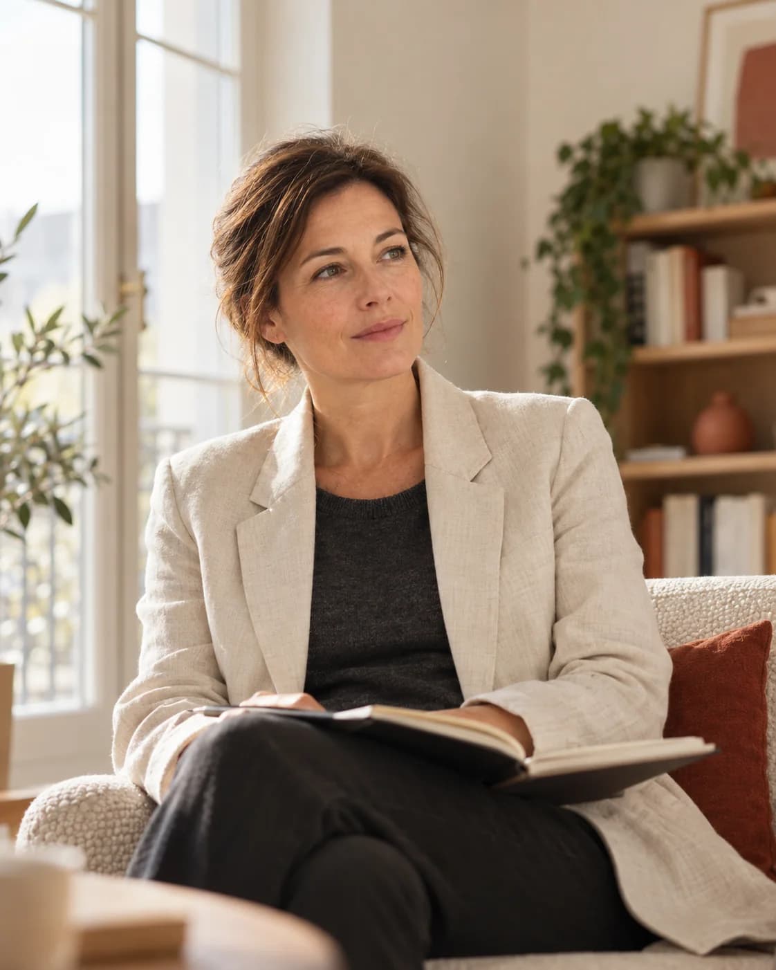 Portrait de Camille Renaud, consultante, assise dans un fauteuil avec un carnet ouvert, dans un bureau lumineux